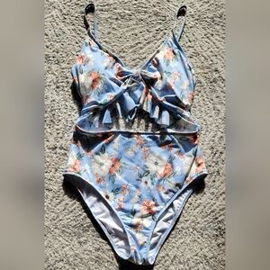 Hurley Blue Floral Ruffle Cutout One Piece Size XL